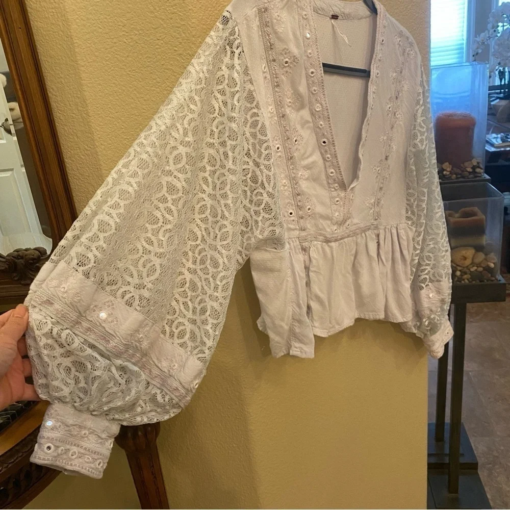 FREE PEOPLE Women Light Blue Boogie All Night Lace Balloon Sleeves Boho Top-S